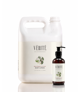 Vérité Black Pepper & Amber Body Lotion in a 300ml bottle with 5L refill for hospitality amenities