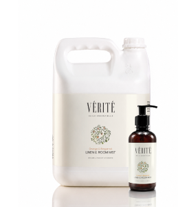 Vérité Orange & Bergamot Linen & Room Mist in a 300ml bottle with 5L refill for refreshing rooms, linen and hospitality spaces
