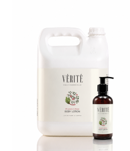 Vérité Rhubarb & Rose Body Lotion in a 300ml bottle with 5L refill for hospitality amenities