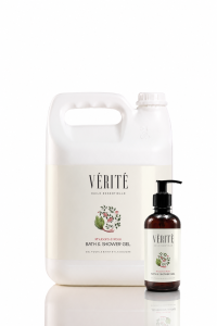 Vérité Rhubarb & Rose Bath & Shower Gel in a 300ml bottle with 5L refill for hospitality amenities